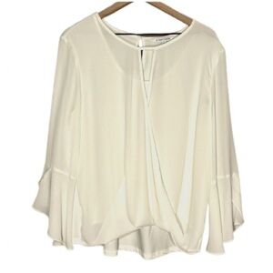 Women's XL 41 Hawthorn Faux Wrap White Blouse Ruffle Sleeve Scoop Neck